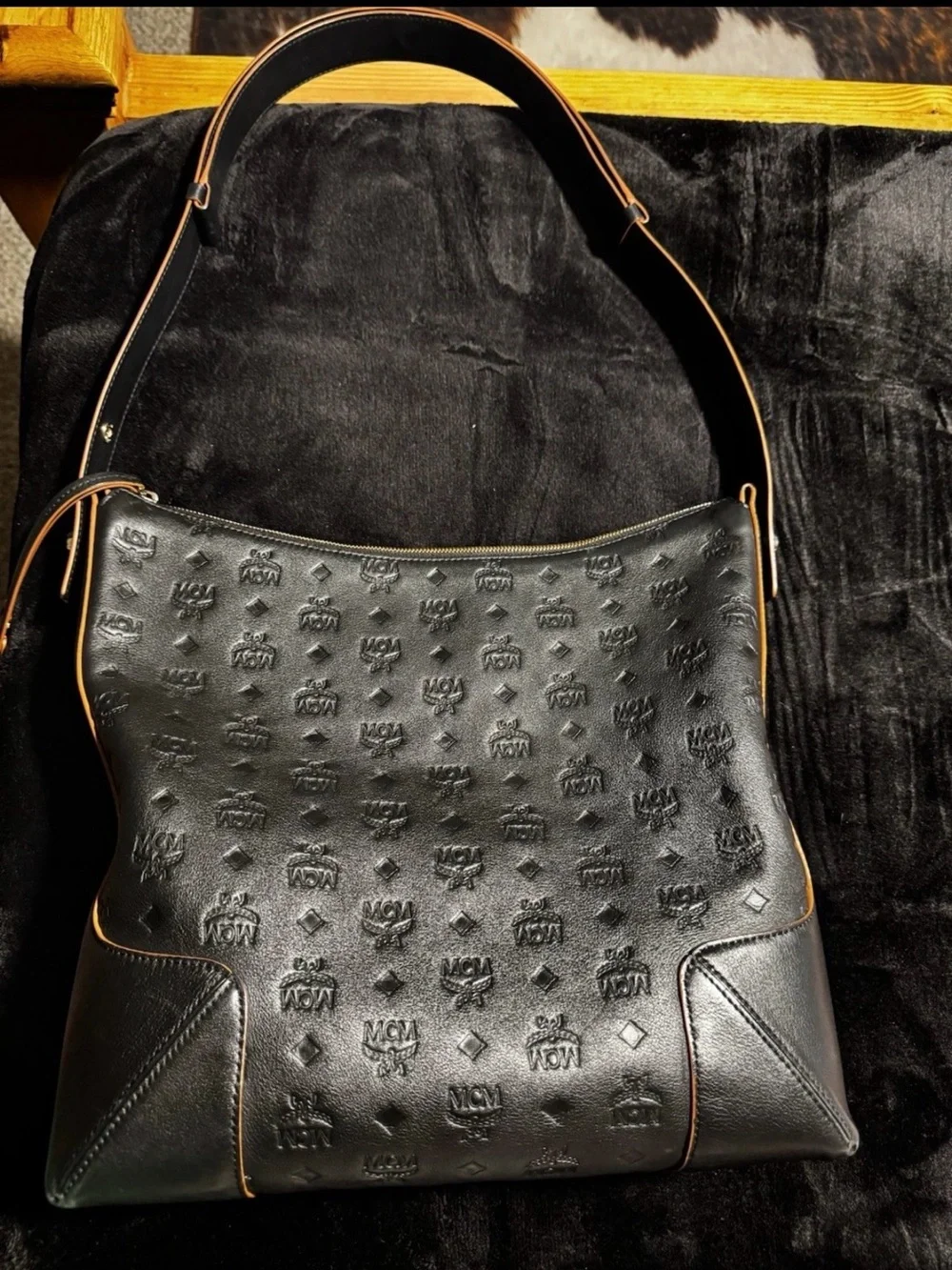 MCM Black Embossed Leather Messenger Bag with Tan Piping